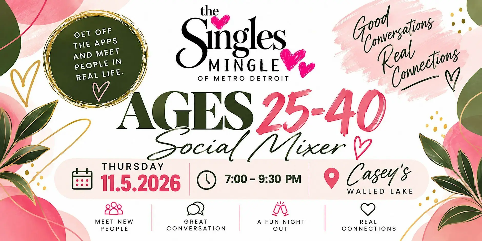 The Singles Mingle | Ages 25–40 Social Mixer at Casey's in Walled Lake The Singles Mingle | Ages 25–40 Social Mixer at Casey's in Walled Lake