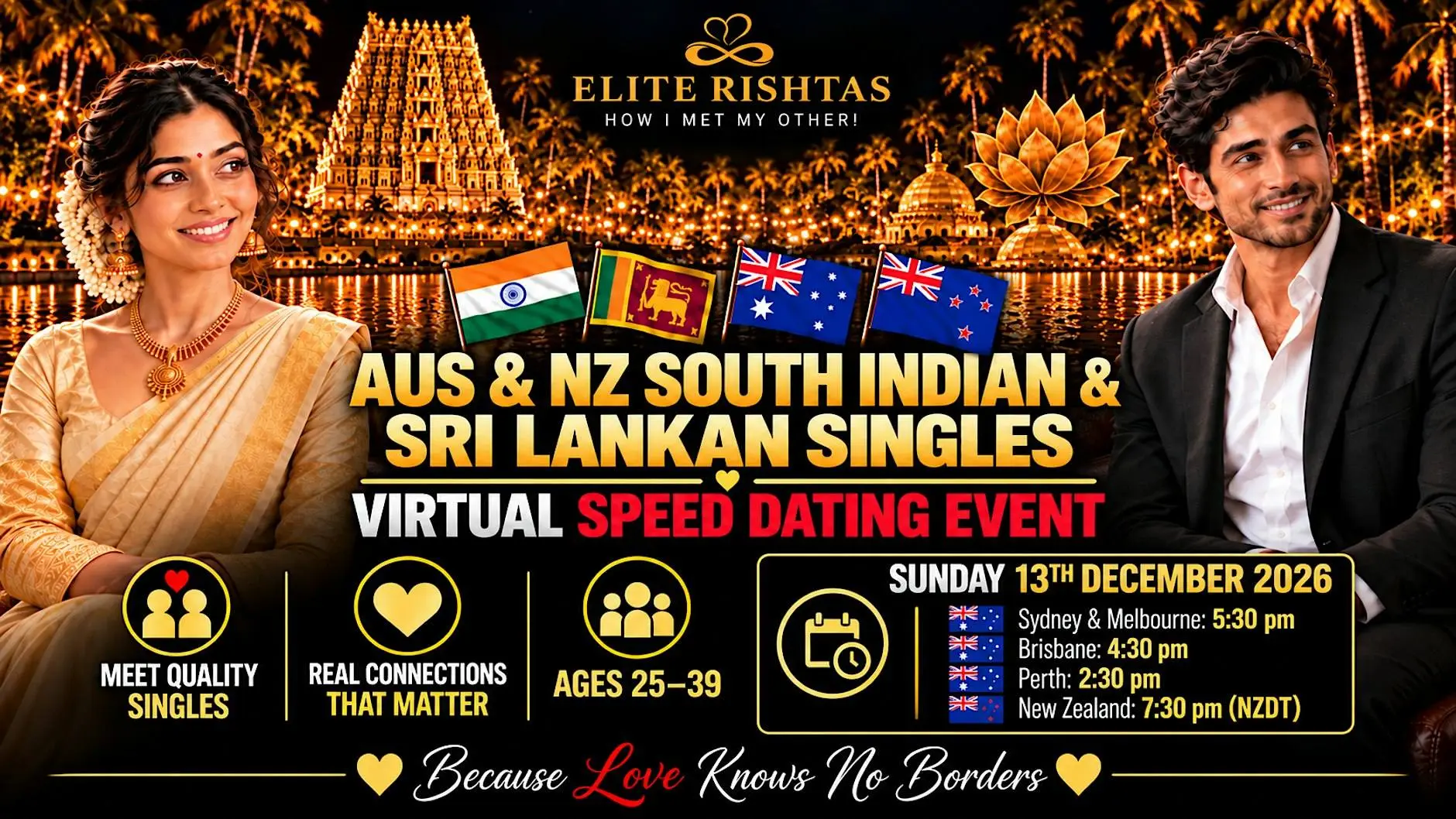 AUS&NZ South Indian & Sri Lankan Singles | Online Speed Dating | 25–39 AUS&NZ South Indian & Sri Lankan Singles | Online Speed Dating | 25–39