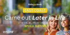 East Coast Online Came Out Later in Life Speed Dating for Lesbian/Bi/Trans/Queer Singles East Coast Online Came Out Later in Life Speed Dating for Lesbian/Bi/Trans/Queer Singles