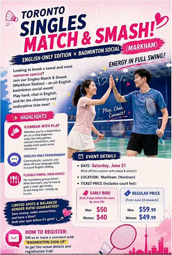 !!English!! Chinese Speed Dating 【Badminton+Afternoon Tea】 (Markham) — photo 1