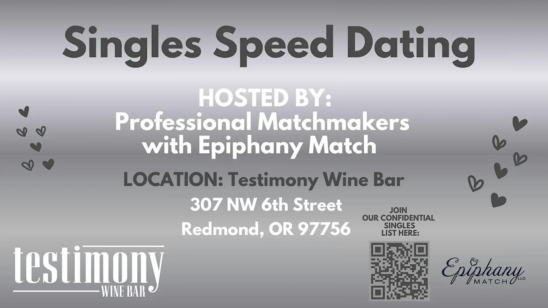 11/12/26 Speed Dating for Singles at Testimony! (ages 40+) 11/12/26 Speed Dating for Singles at Testimony! (ages 40+)