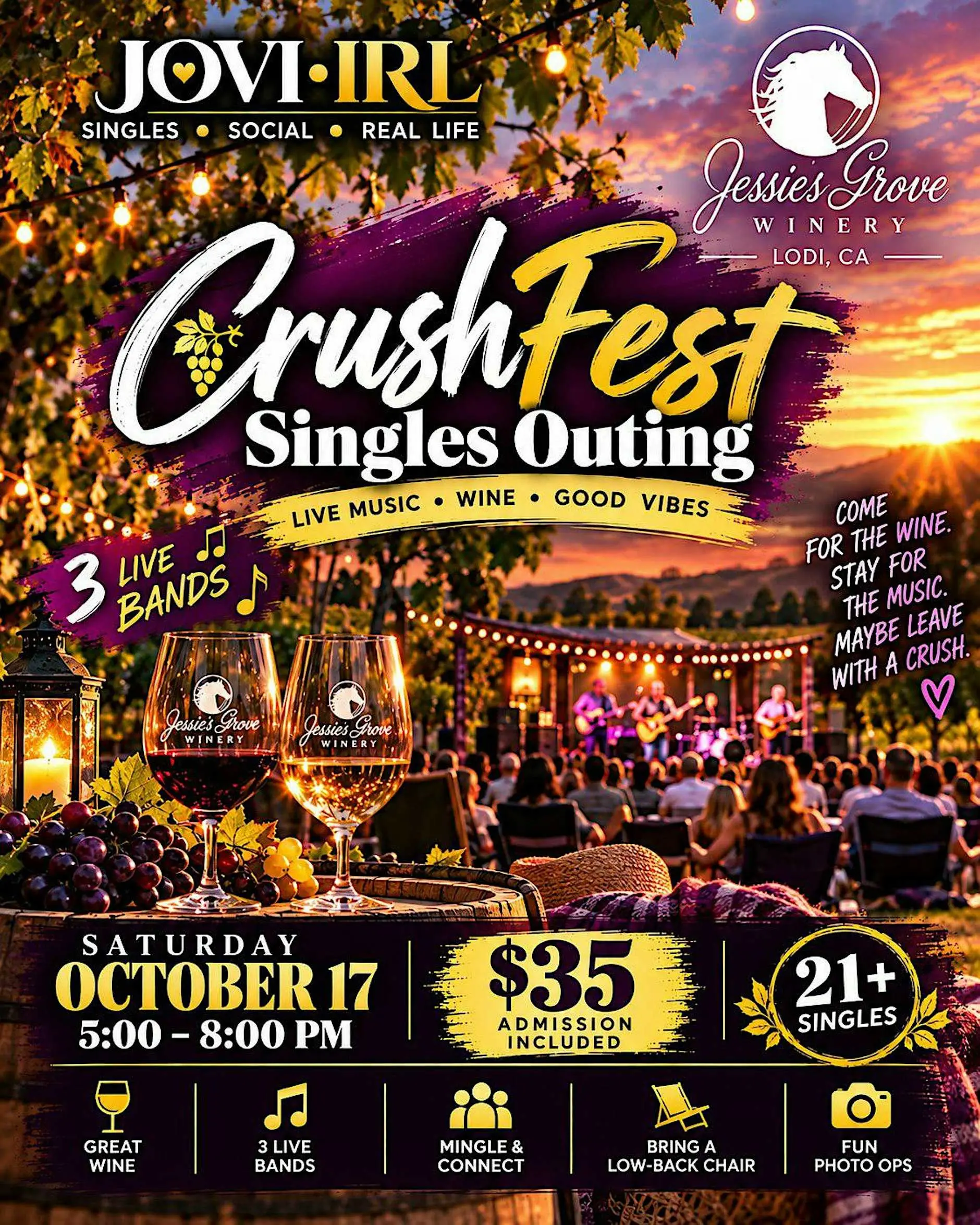 Singles Wine & Live Music Outing at Jessie's Grove | CrushFest with JOVI Singles Wine & Live Music Outing at Jessie's Grove | CrushFest with JOVI