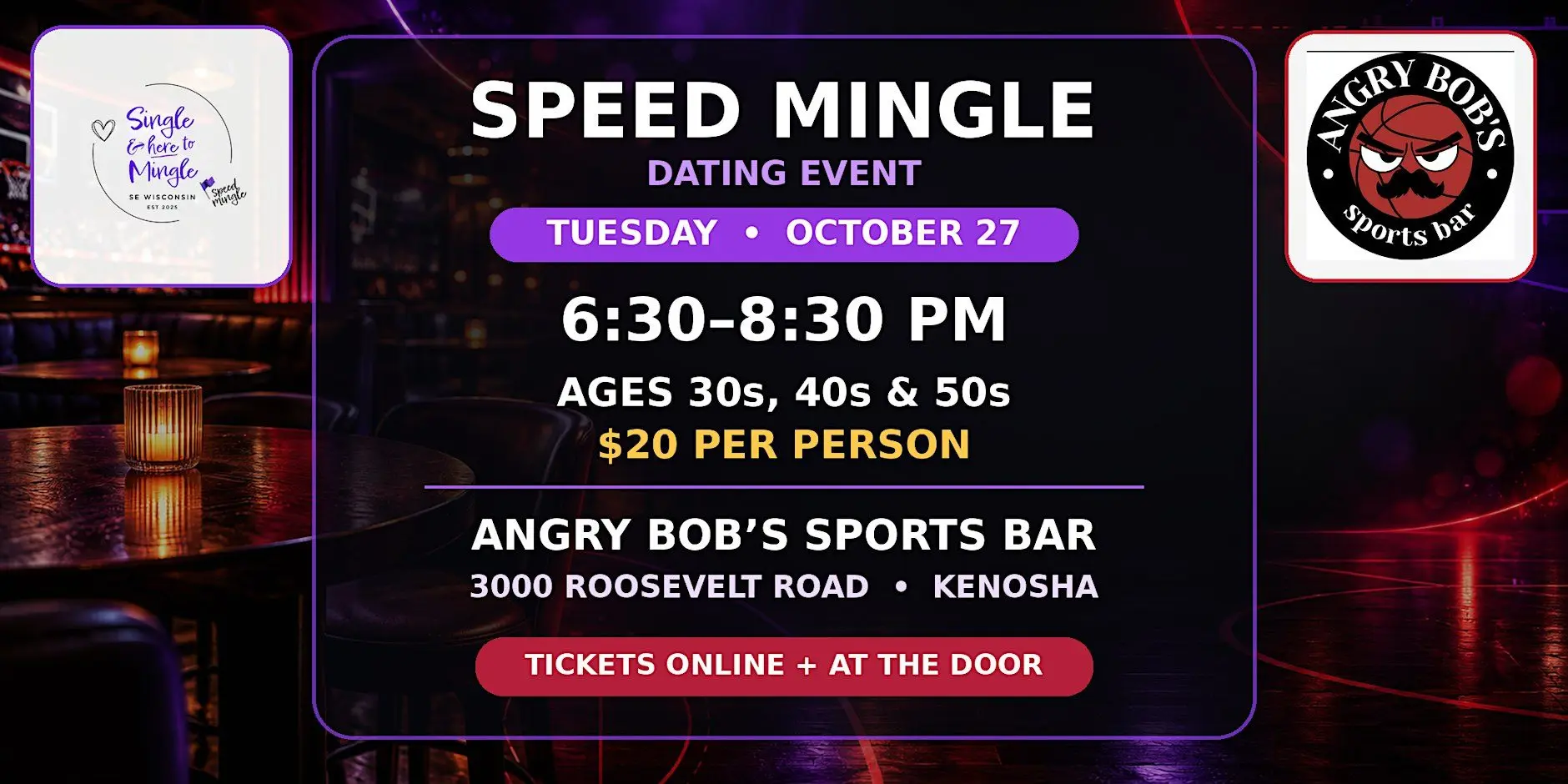Single & here to Mingle Dating Event at Angry Bob's Sports Bar in Kenosha Single & here to Mingle Dating Event at Angry Bob's Sports Bar in Kenosha